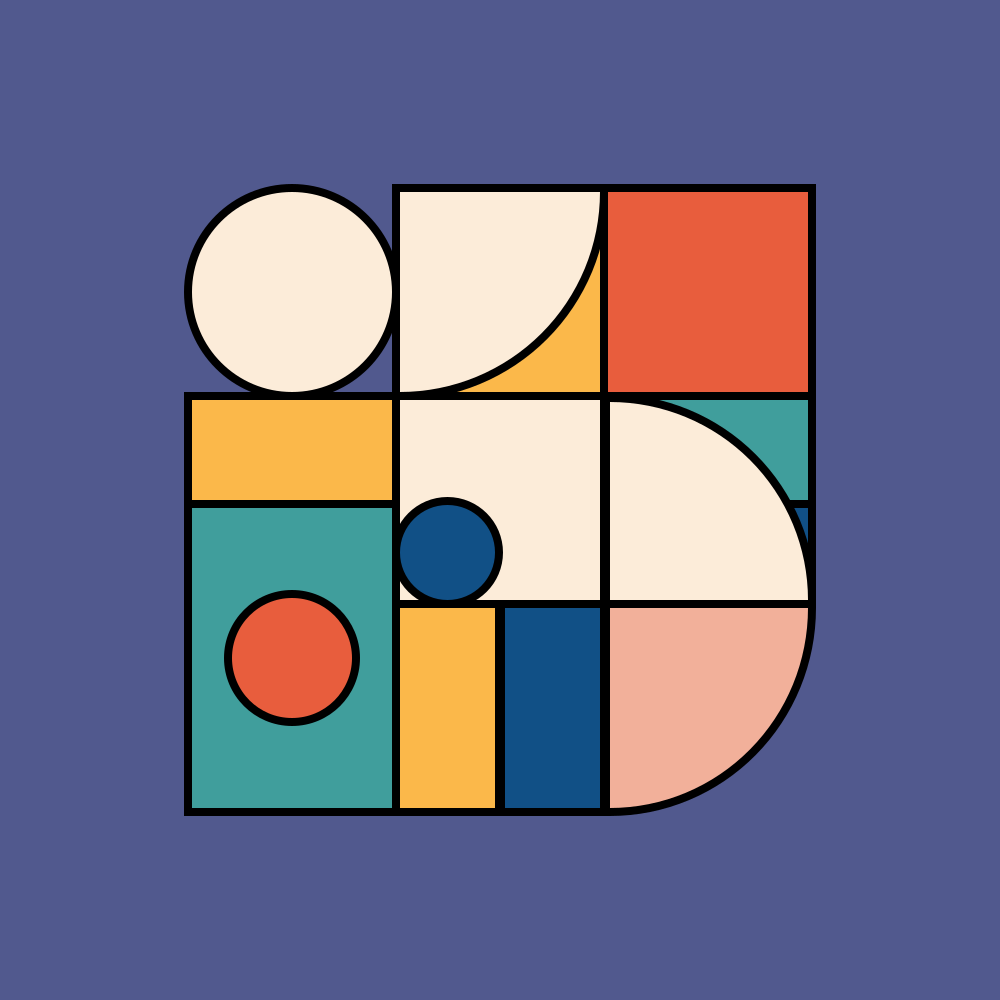 Design geometrico astratto con forme colorate su uno sfondo viola.