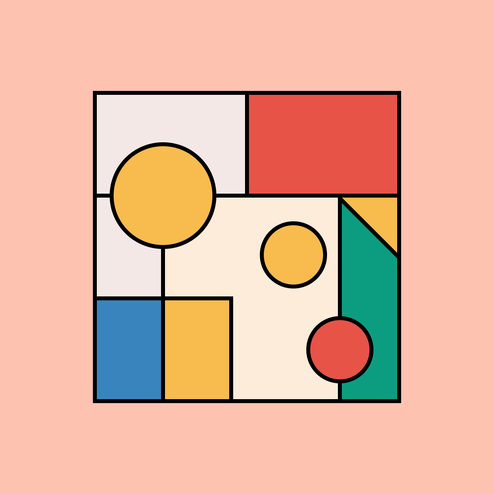 Forme geometriche astratte e colorate su uno sfondo rosa.