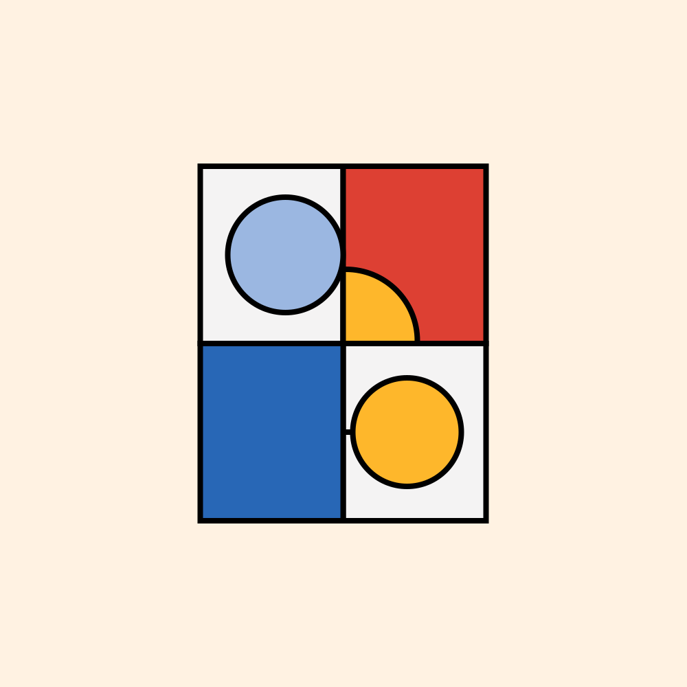 Forme geometriche colorate all'interno di una griglia a quattro quadrati.
