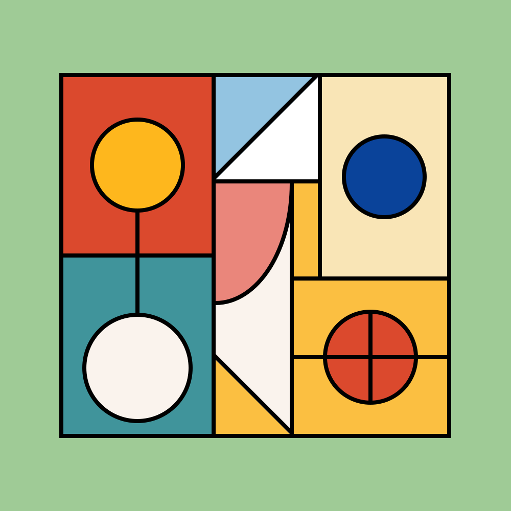 Forme geometriche astratte e vivaci su uno sfondo verde chiaro.