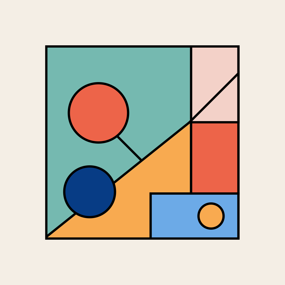 Design geometrico astratto con forme colorate e linee di collegamento.