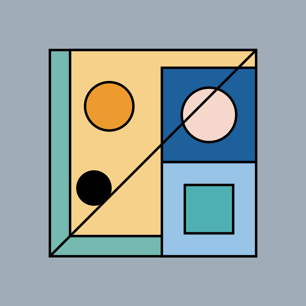 Desain geometris abstrak dengan bentuk dan garis berwarna-warni