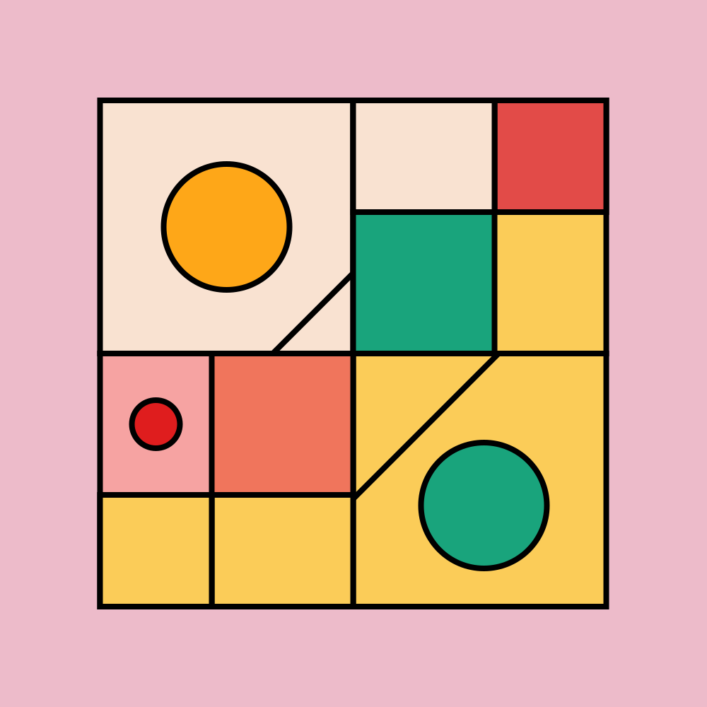 Motivo geometrico astratto con forme colorate su uno sfondo rosa.