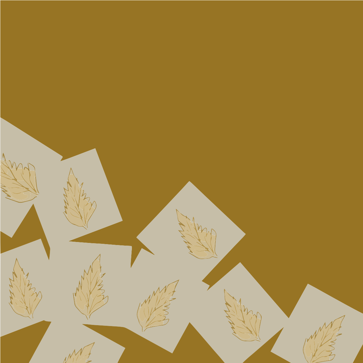 マスタード色の背景に灰色の四角に金箔のデザインが描かれています。