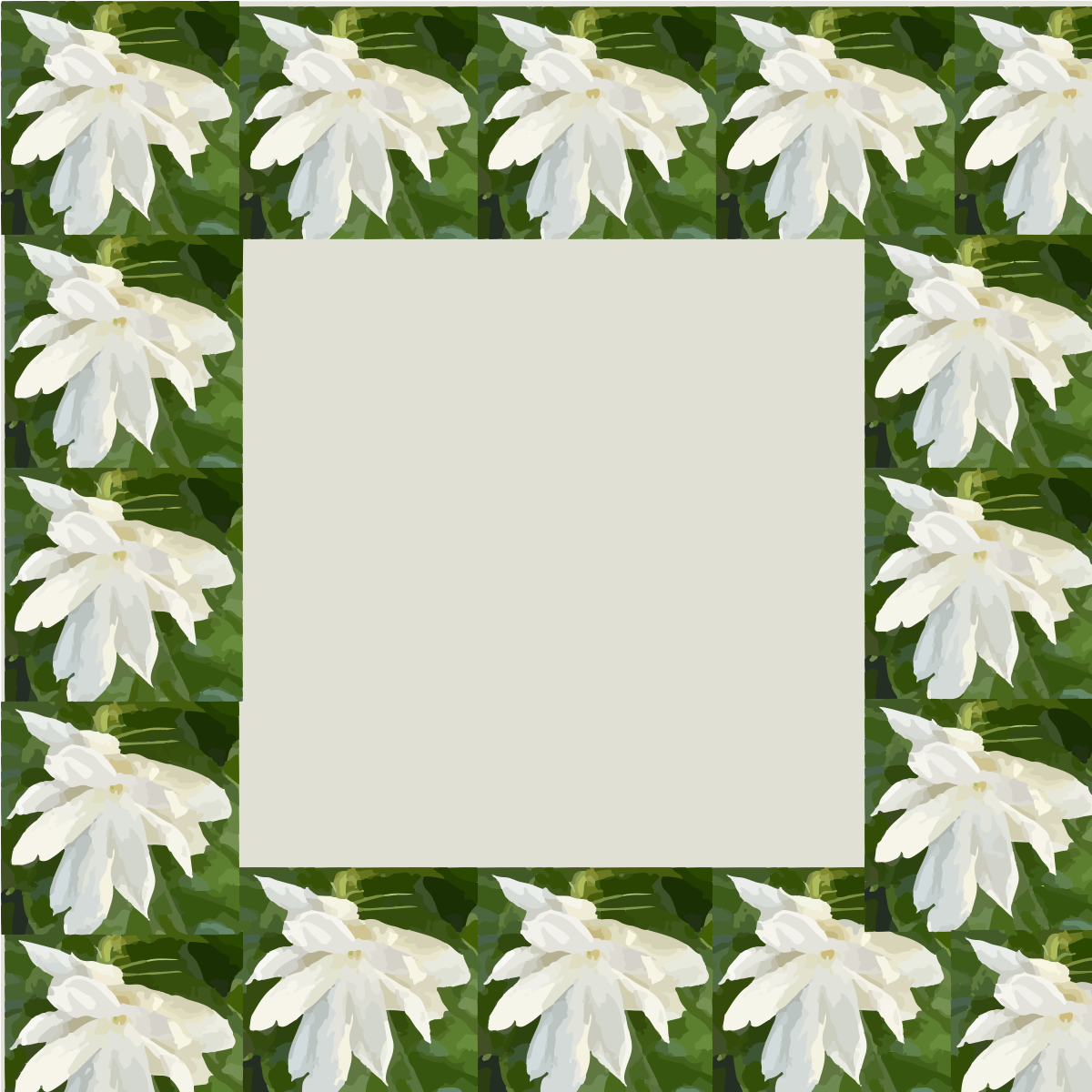 Fiori bianchi e foglie verdi incorniciano un quadrato vuoto