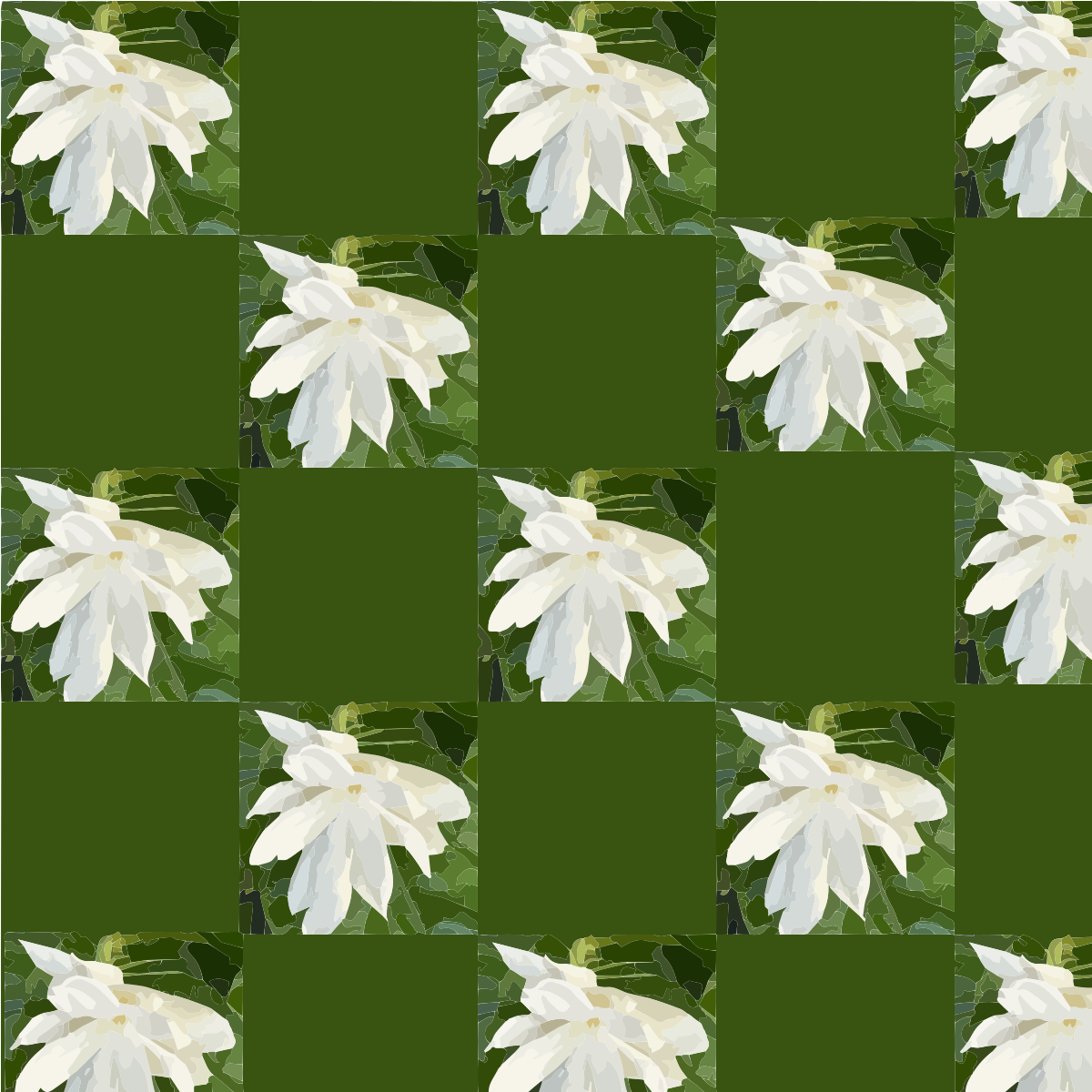 Un motivo a scacchiera di fiori bianchi e quadrati verdi