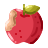 A red apple with a bite taken out and spots