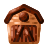 Une grange marron stylisée avec un toit et une porte sombres.