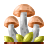 Tre funghi stilizzati con foglie verdi