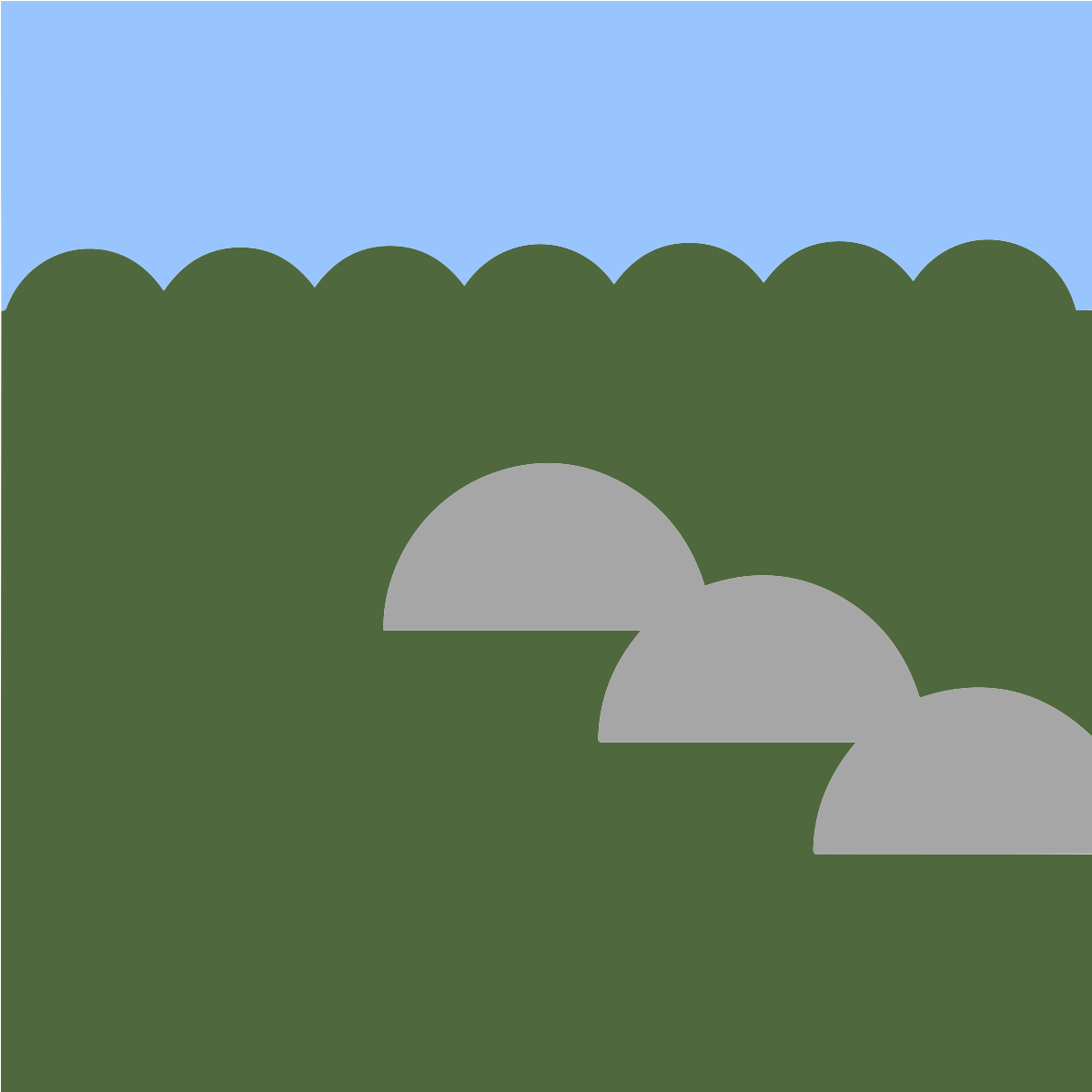青空が緑の風景の上に、三つの灰色の半円が描かれている。