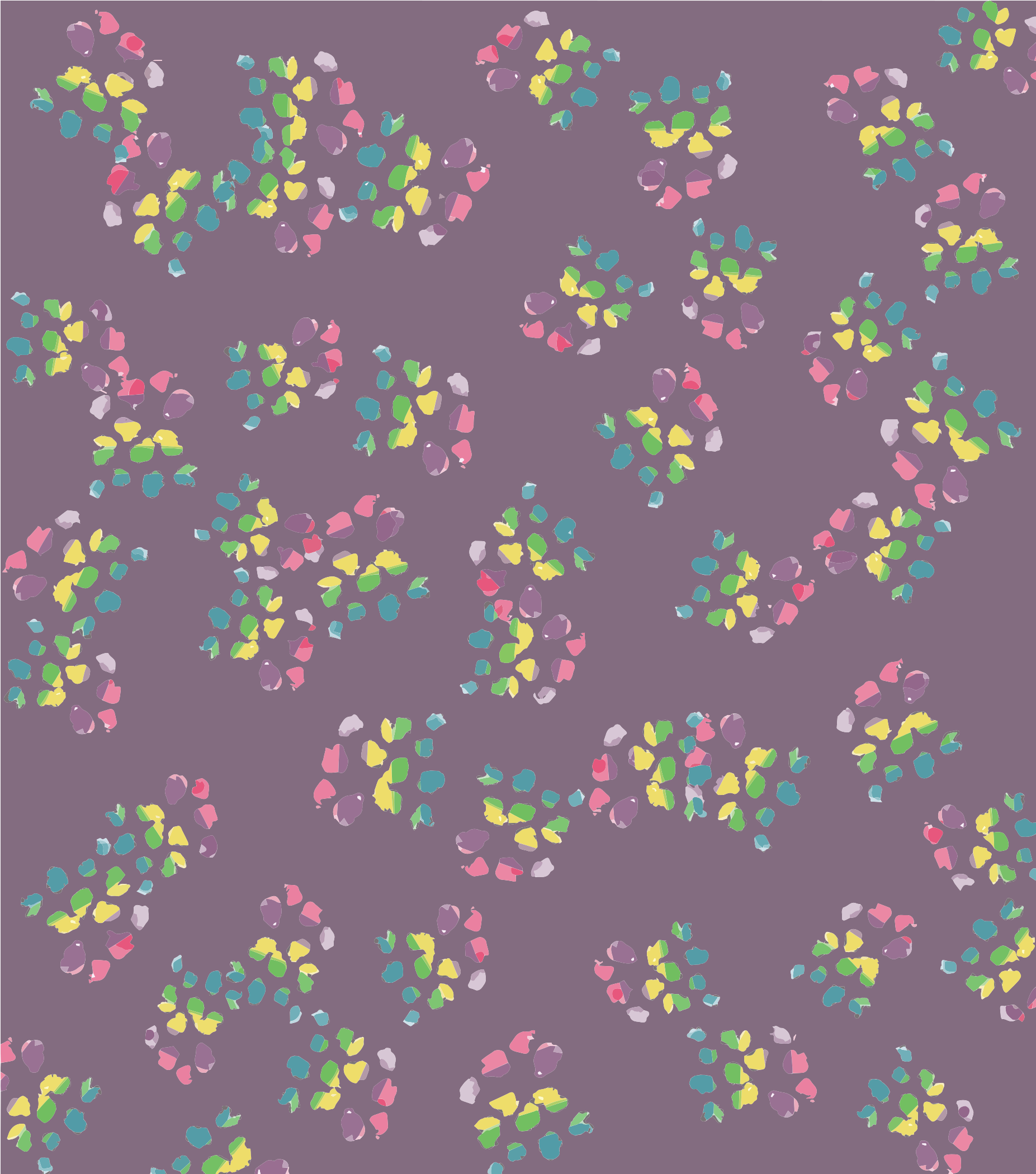 Fondo morado con racimos dispersos de puntos coloridos.