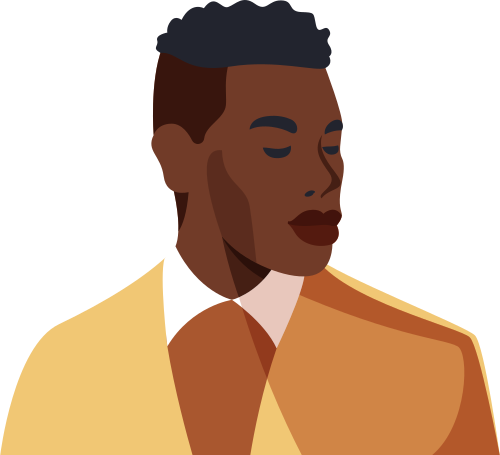 Illustrated man in a yellow jacket with closed eyes.