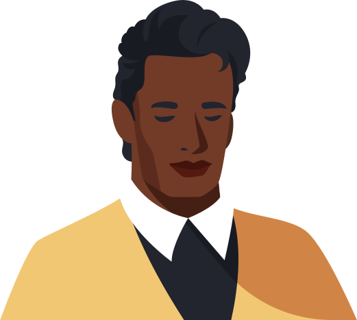 Homme à la peau foncée, les yeux fermés, portant une veste jaune.