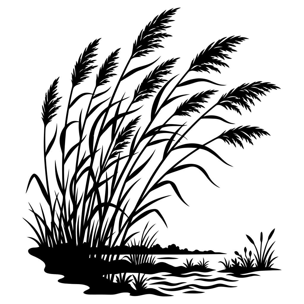Schwarze Silhouette hoher Schilfrohre, die am Wasser wachsen.