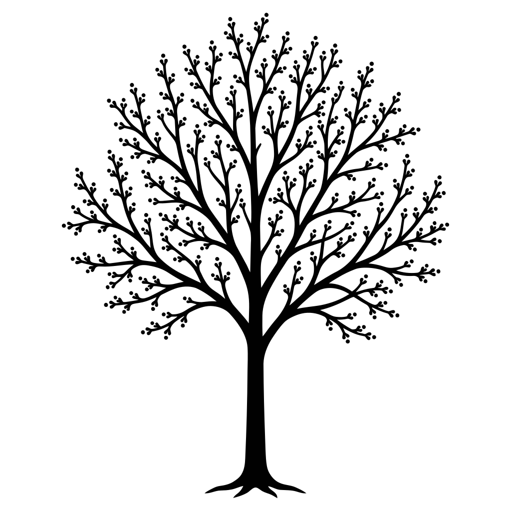 Silhouette stylisée d’arbre noir avec de nombreux petits bourgeons.