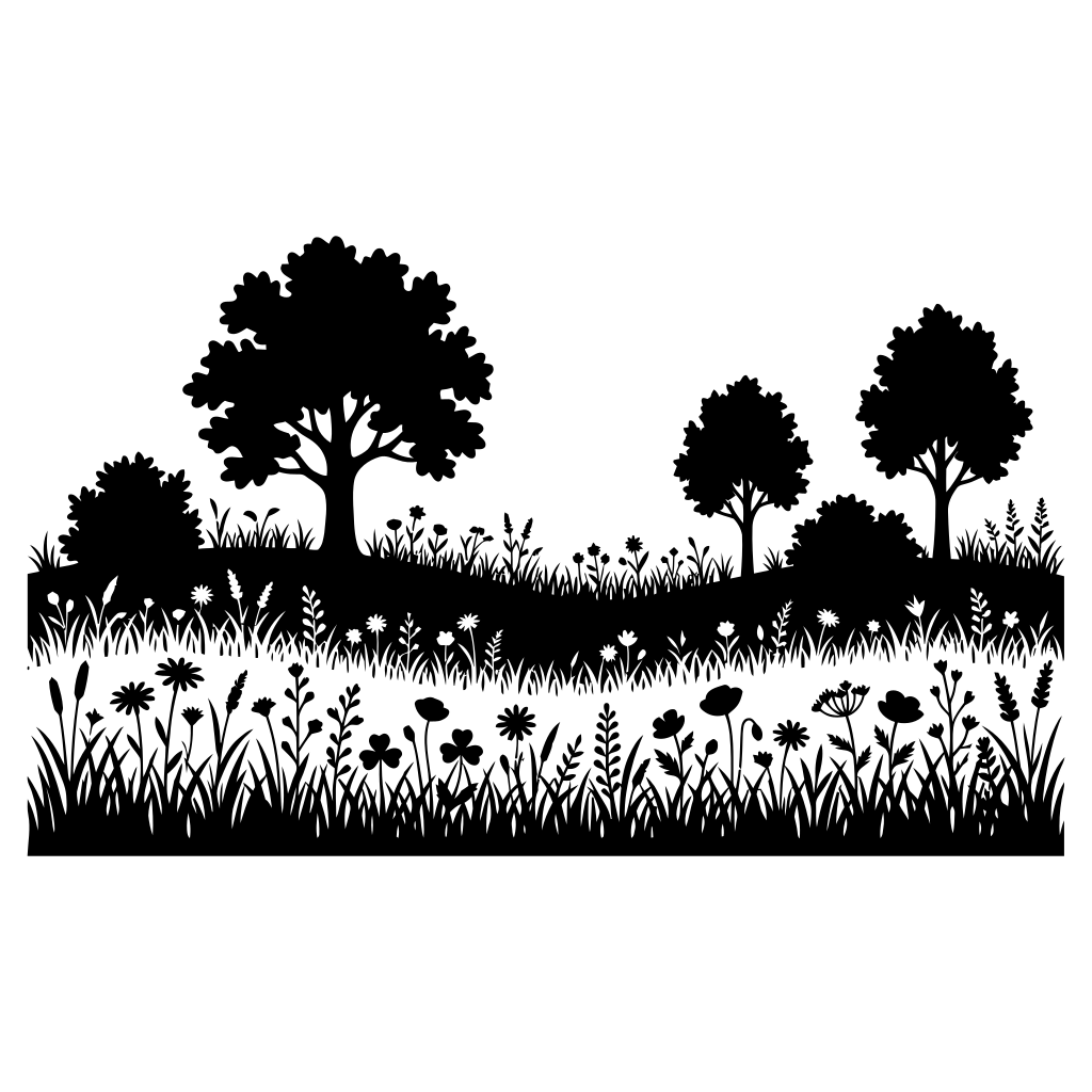 Schwarze Silhouetten von Bäumen, Gras und Wildblumen auf weißen Bildern.