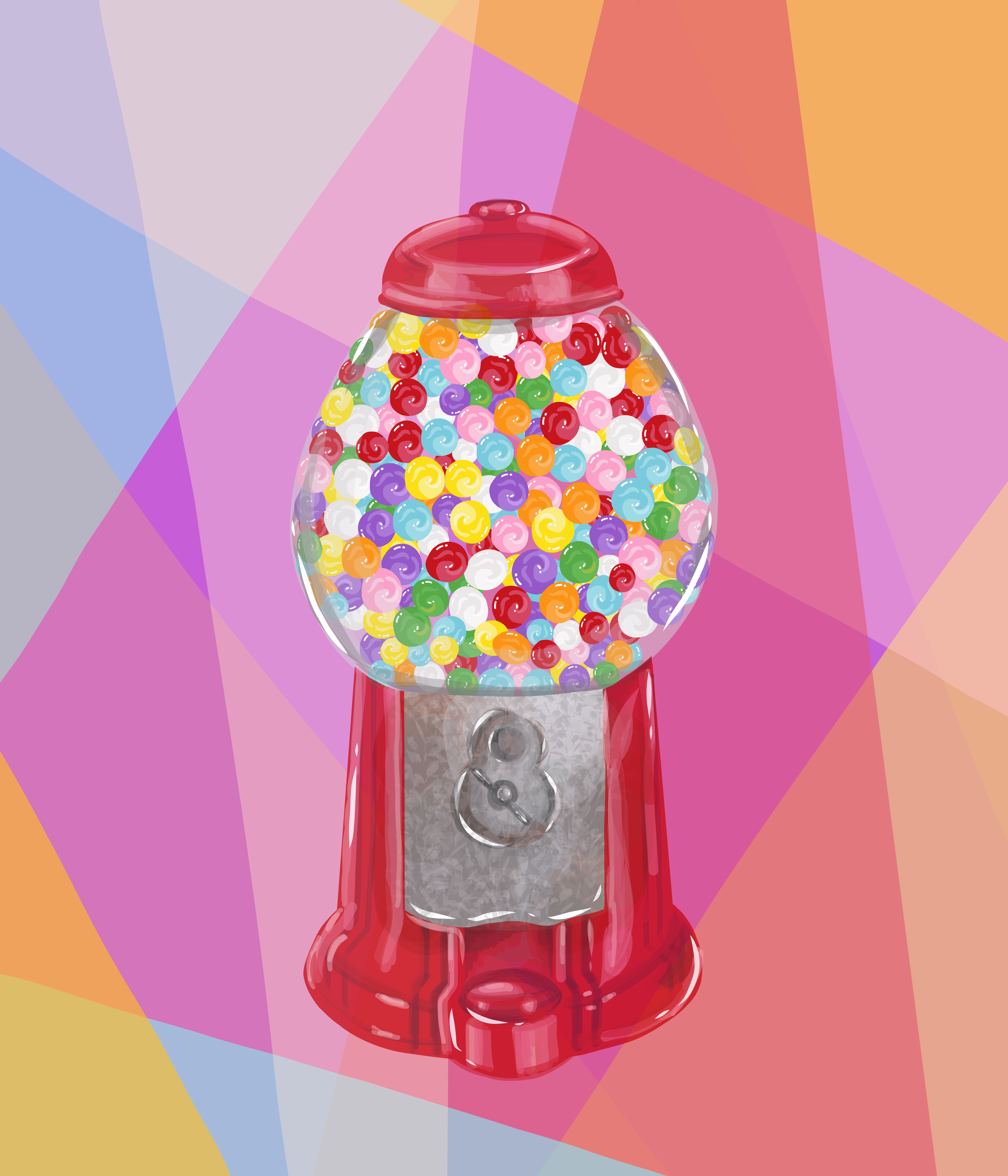 Un machine à boules de chewing-gum rouge rempli de bonbons colorés.