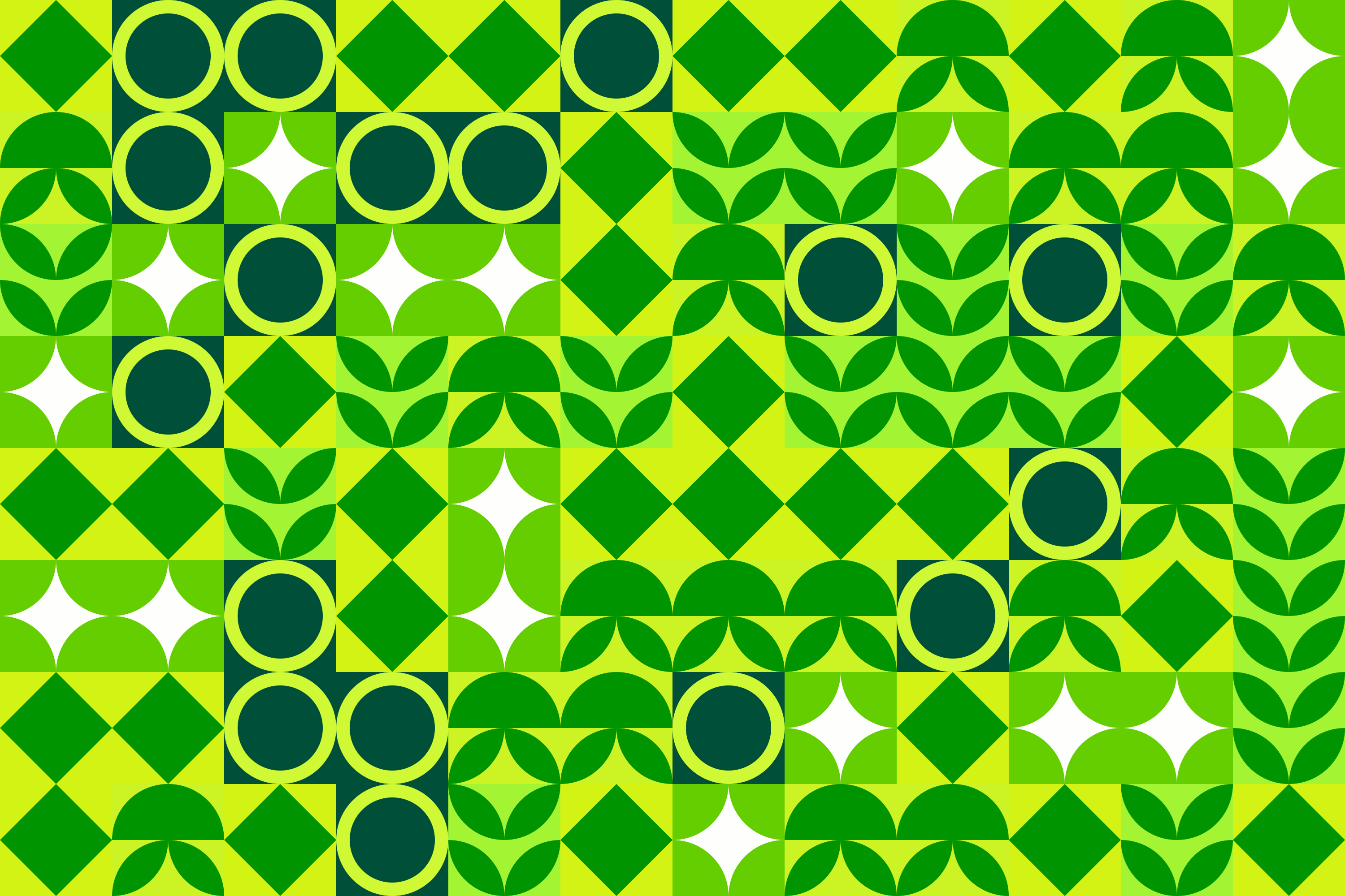 Pola geometris hijau dan kuning dengan lingkaran, berlian, dan daun