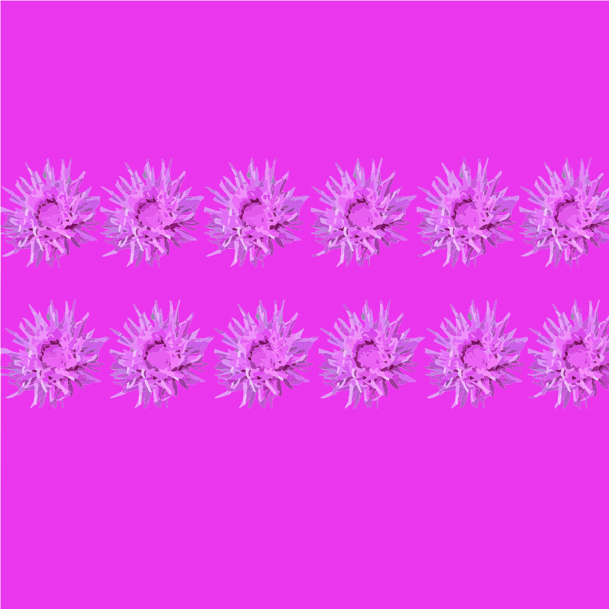 Due file di oggetti viola spinosi su uno sfondo magenta