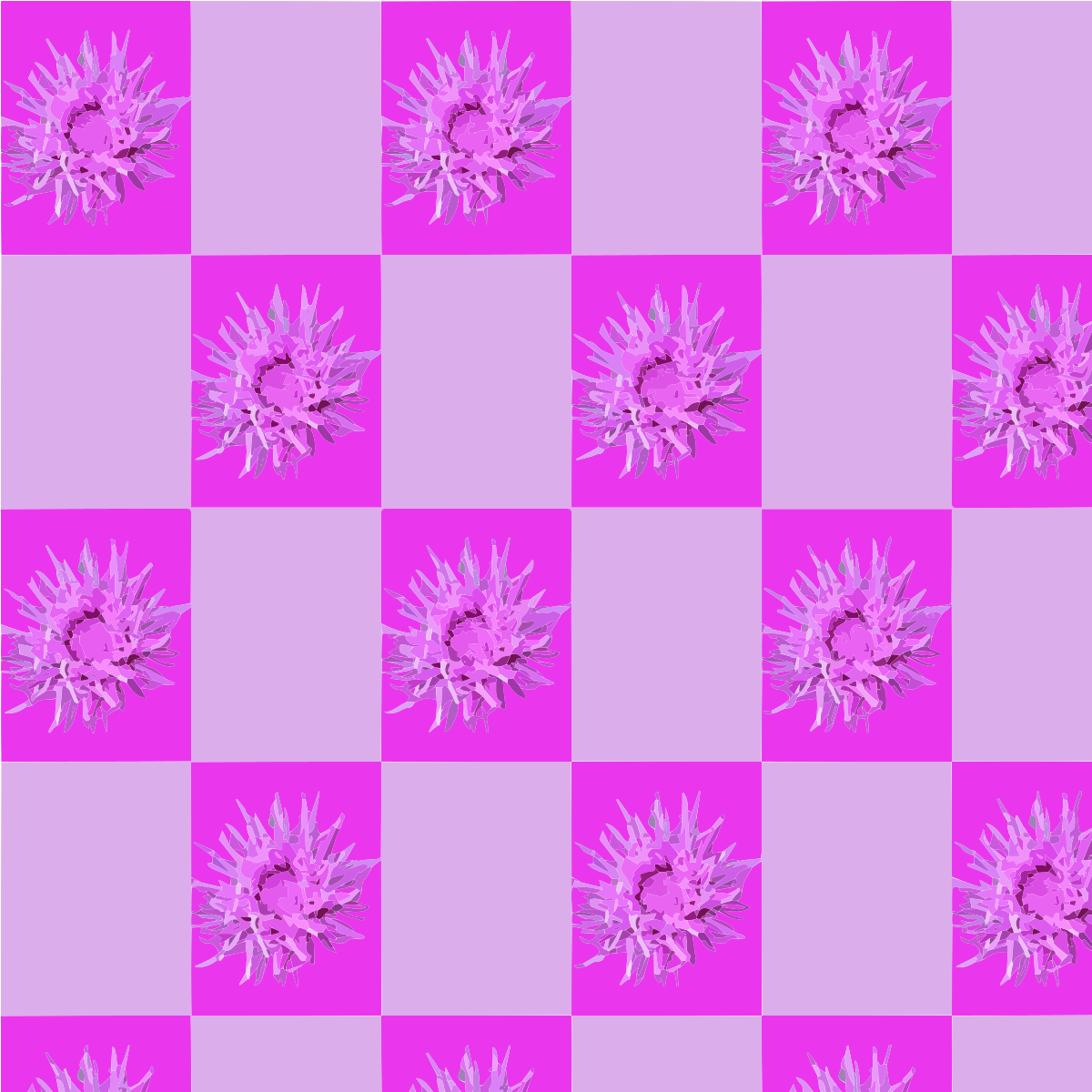 Un motif en damier avec des motifs de fleurs violettes épineuses
