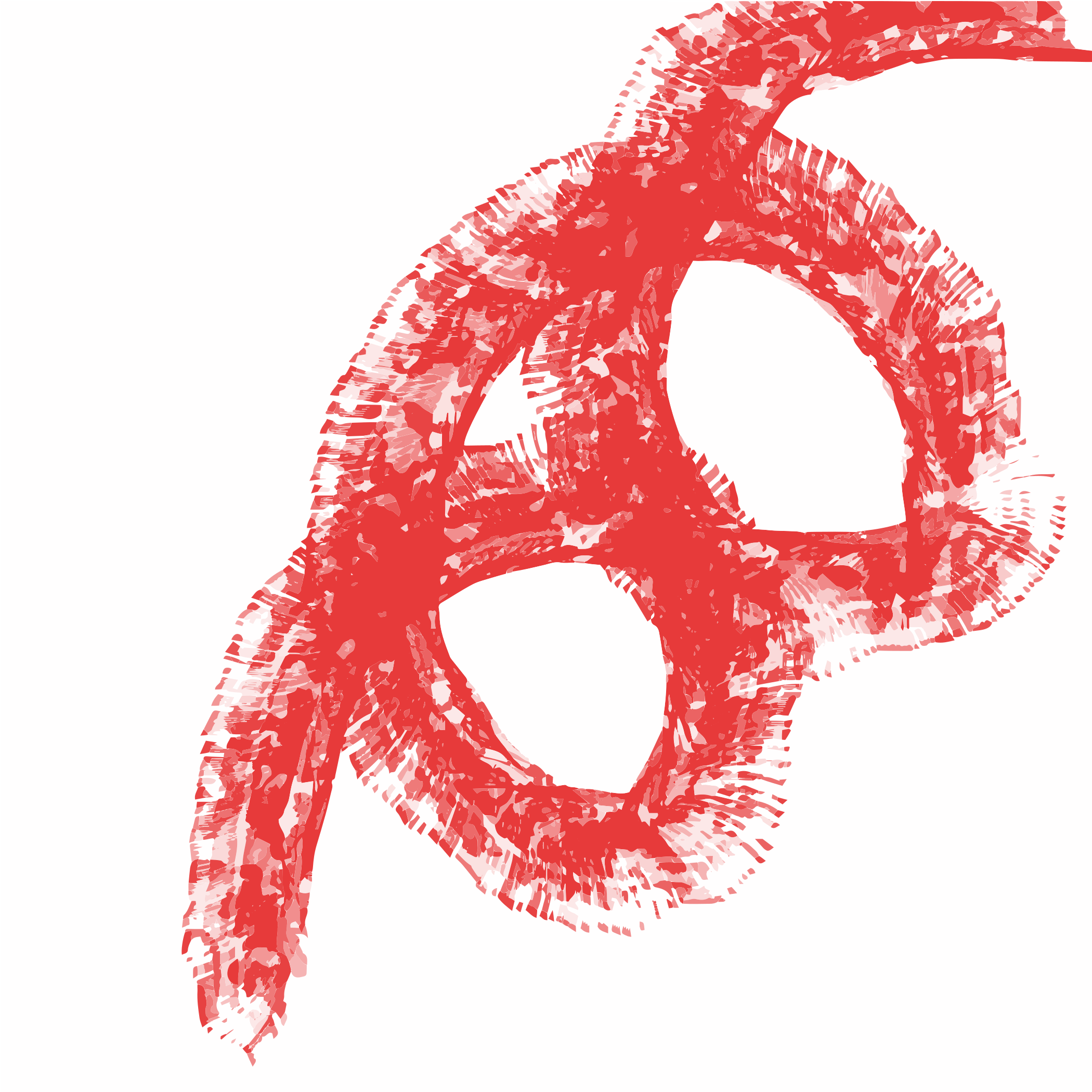 Linee rosse astratte e aggrovigliate che formano un nodo complesso su bianco