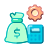 Bolsa de dinero, calculadora e icono de engranaje sobre fondo blanco