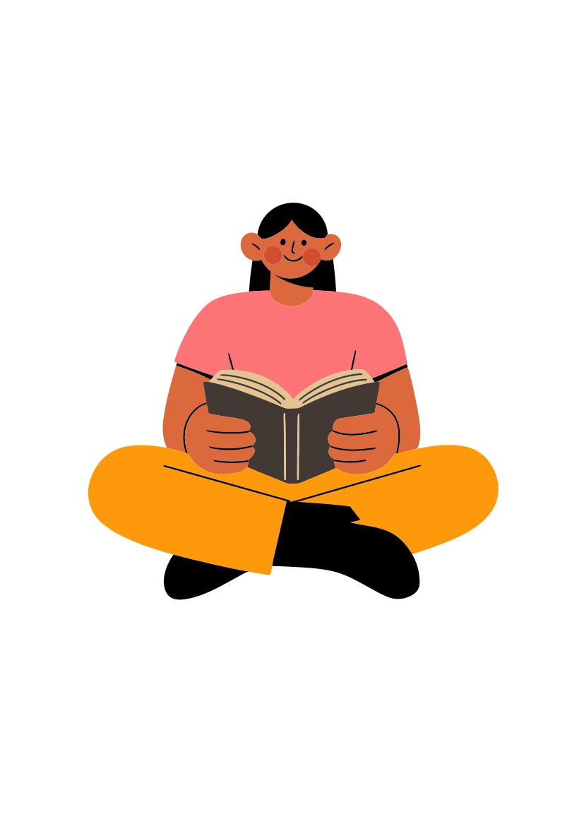 Eine illustrierte Person, die im Schneidersitz ein Buch las.