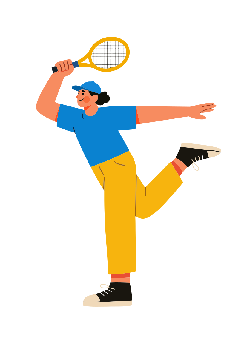 Un atleta jugando al tenis, equilibrándose sobre una pierna.