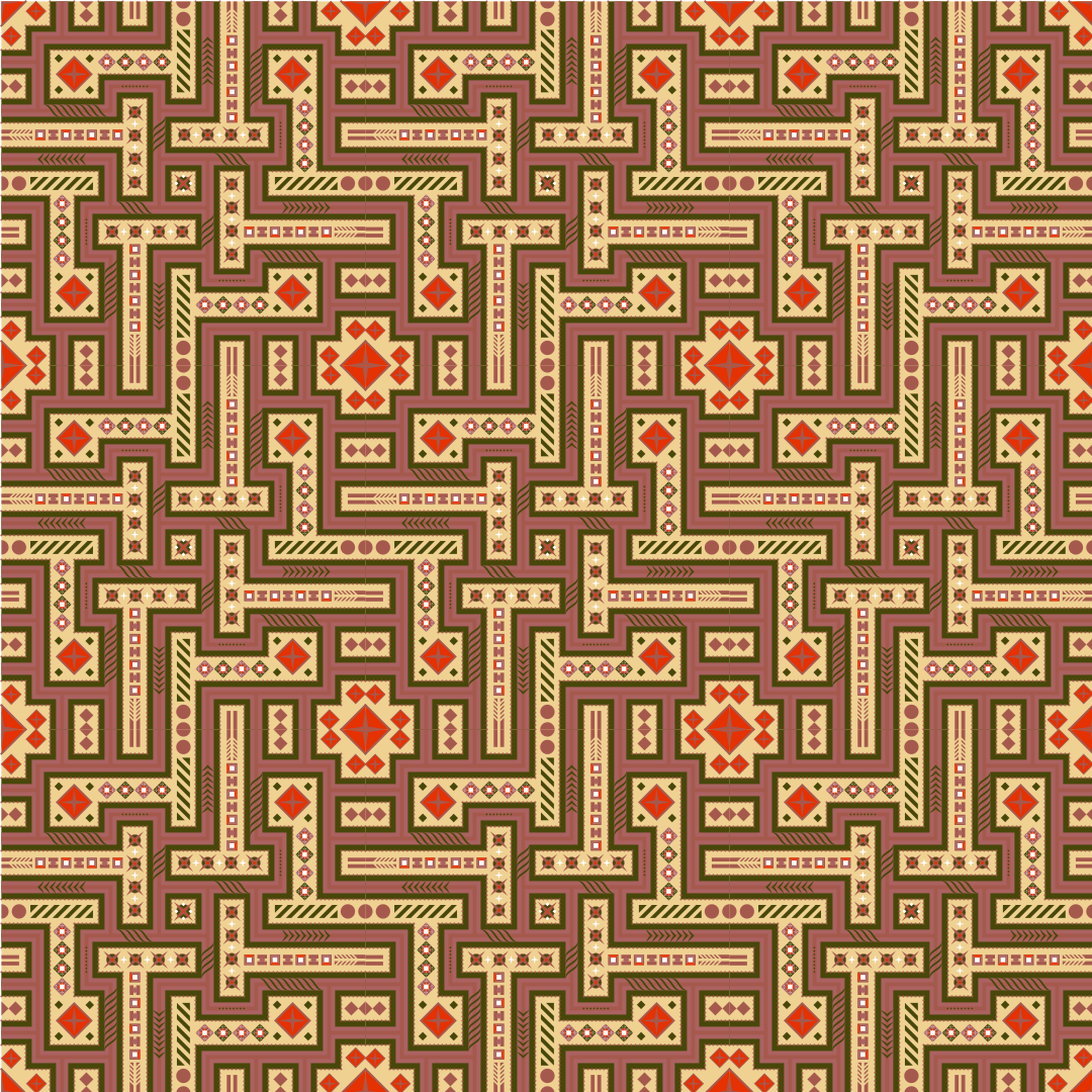 Motivo geometrico intricato marrone, beige e rosso di labirinto