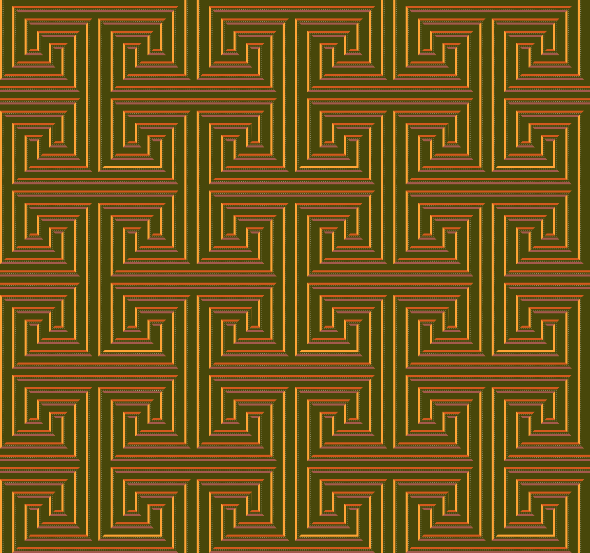Um padrão geométrico repetitivo de labirinto marrom e verde.