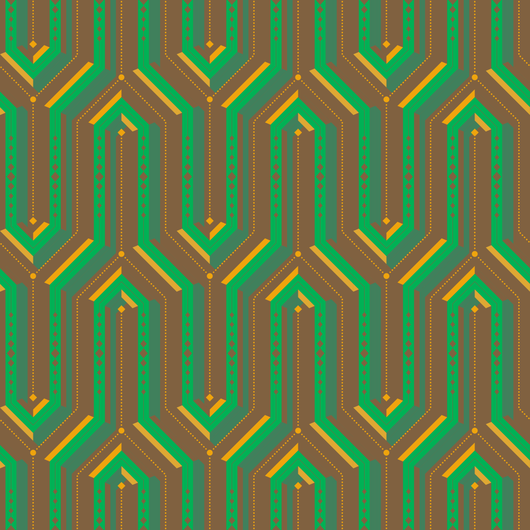 Um padrão geométrico repetitivo com linhas marrons, verdes e amarelas