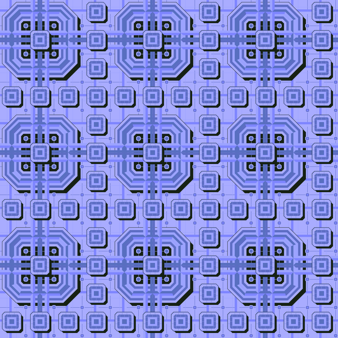 Ein sich wiederholendes geometrisches Muster aus blauen Achtecken und Quadraten