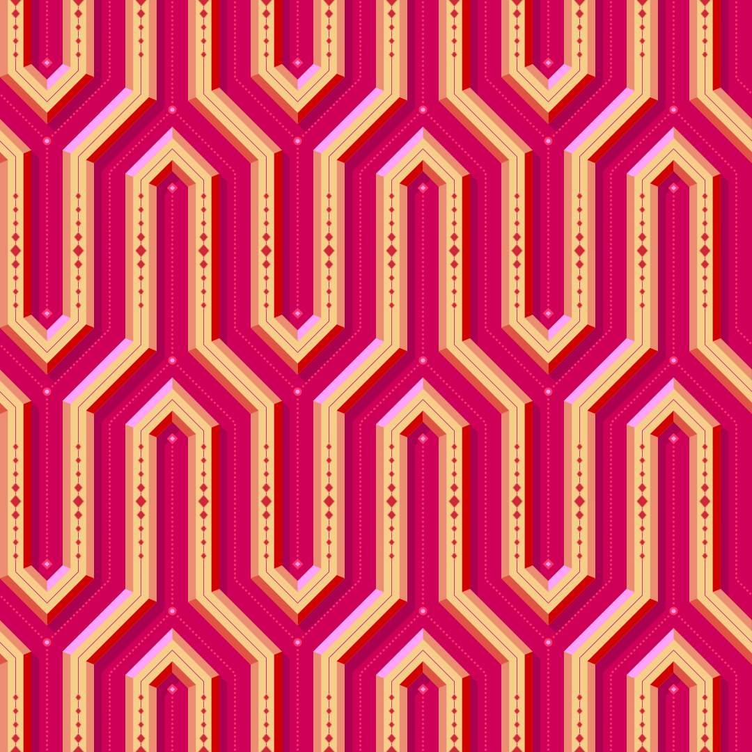 Padrão geométrico vibrante rosa e amarelo com linhas pontilhadas