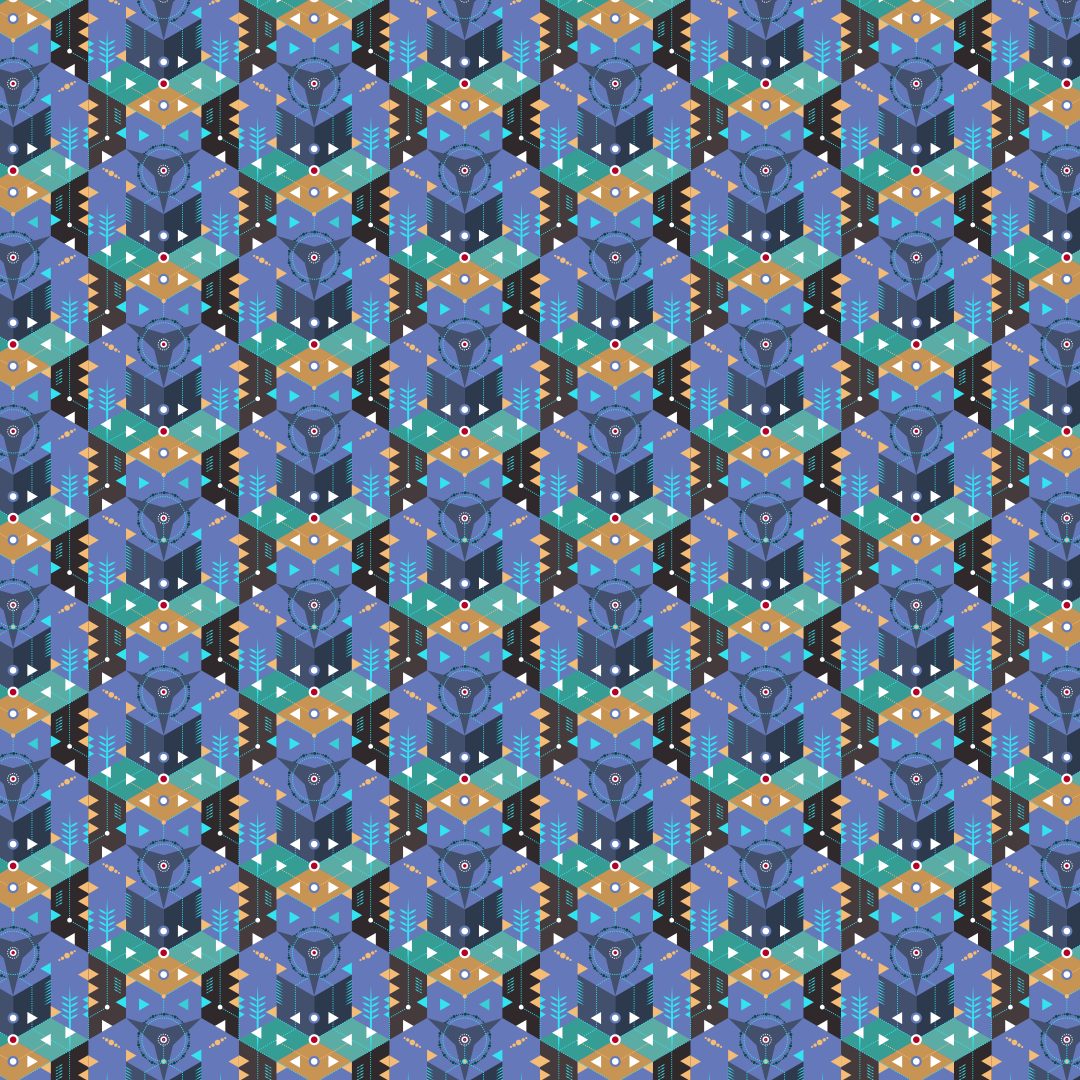 Motif abstrait avec des formes géométriques répétées bleues, sarcelle et orange