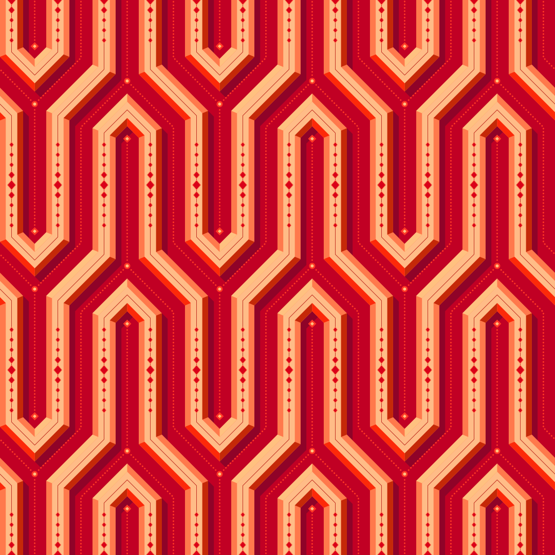 Padrão geométrico vermelho e laranja repetitivo com formas texturizadas entrelaçadas