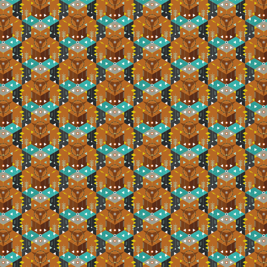 A repeating pattern of brown and teal geometric shapes.