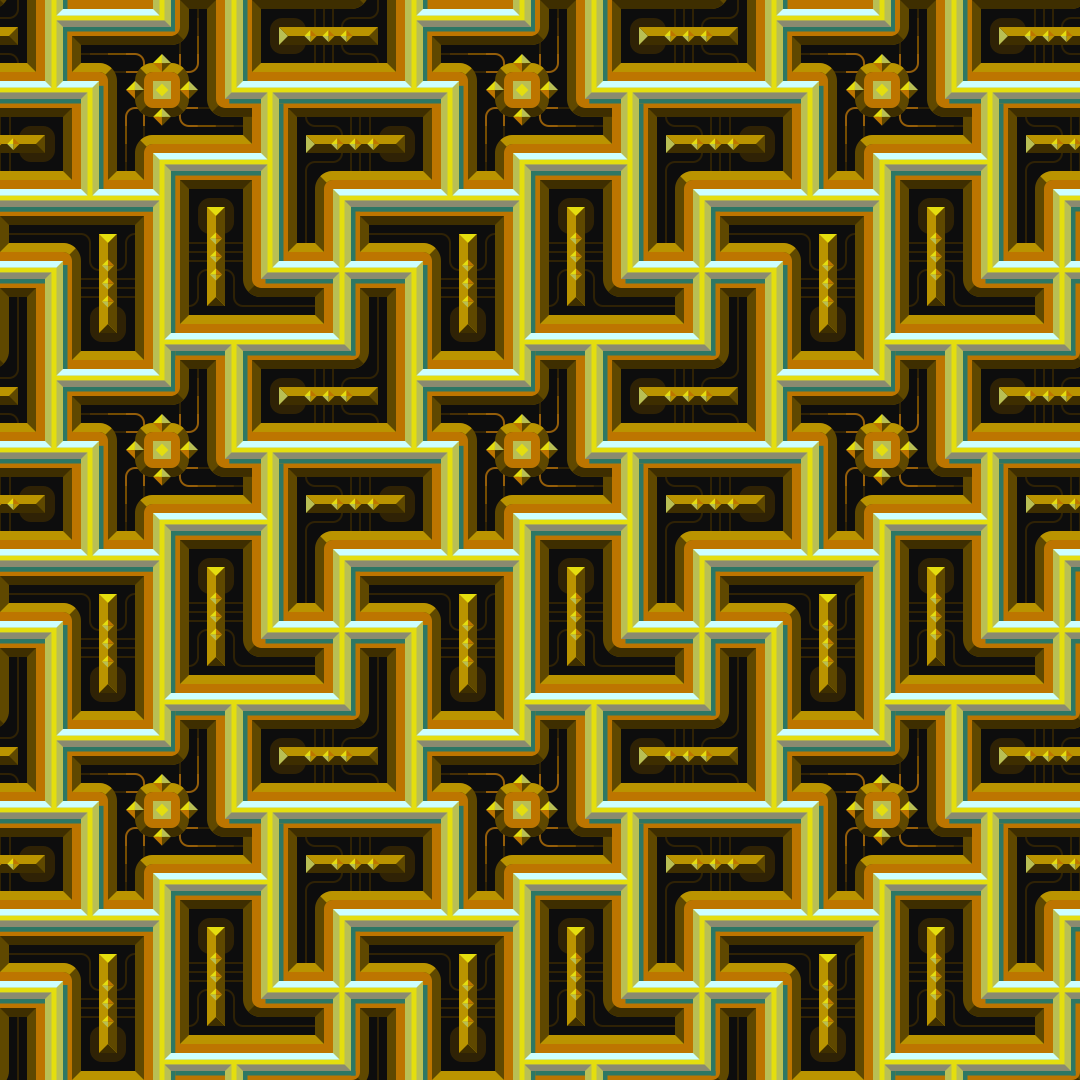 Padrão geométrico intrincado de labirinto dourado e preto com detalhes em estrelas
