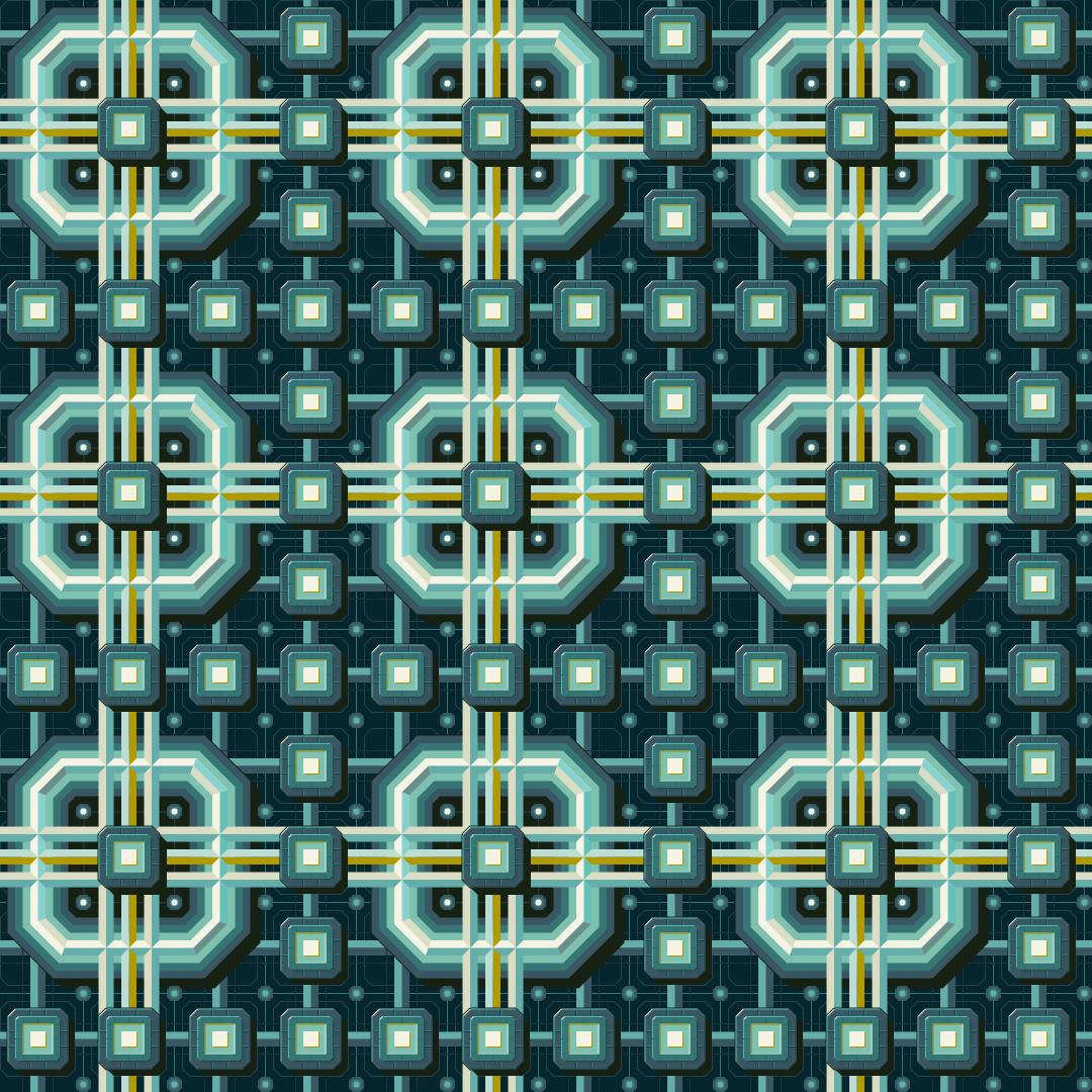 Padrão geométrico sem costuras em verde-azulado e dourado com formas octogonais em relevo