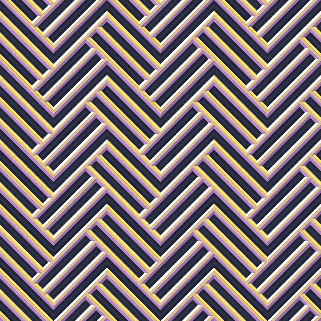 Motivo astratto a zigzag con linee blu scuro, viola e giallo.