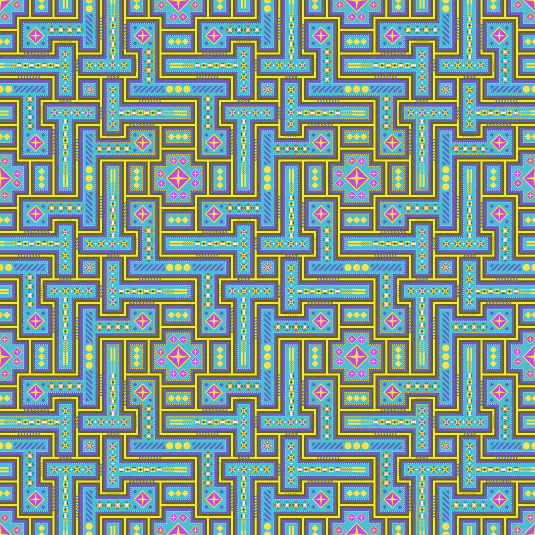 Un motivo geometrico complesso con forme blu, gialle e rosa