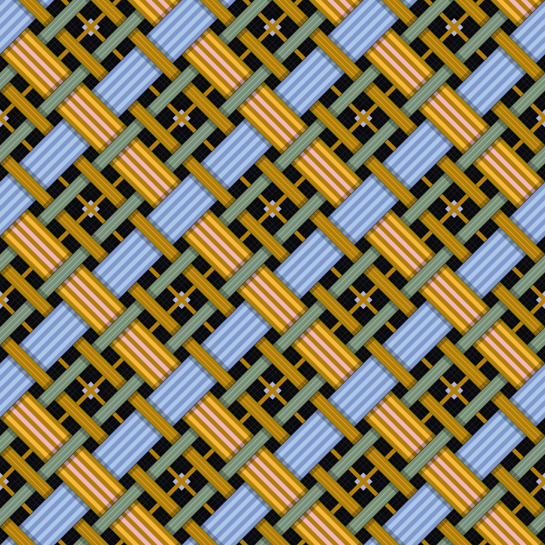 Pola tenun diagonal dengan strip biru, oranye, hijau, dan coklat