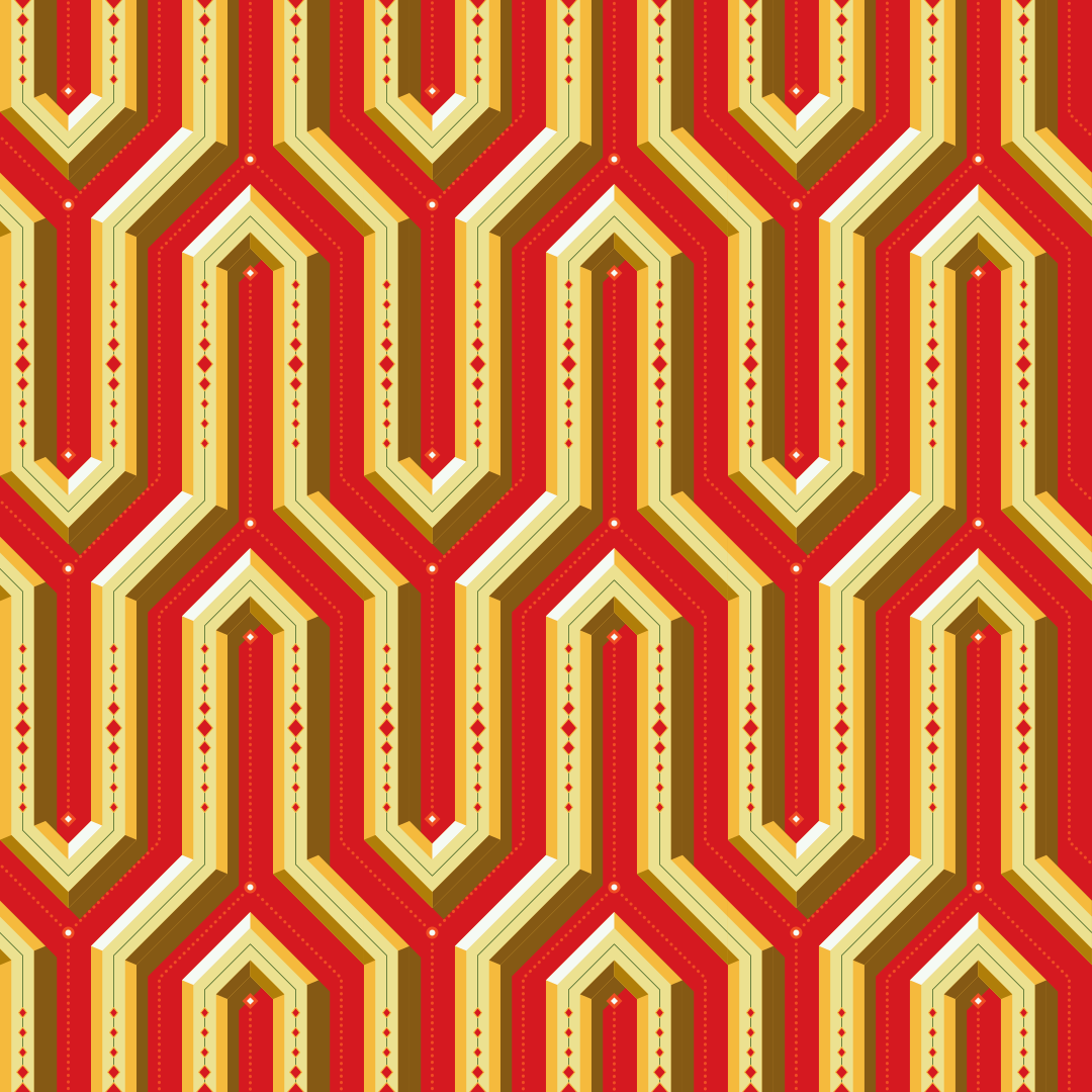Pola geometris merah dan emas abstrak dengan efek tiga dimensi