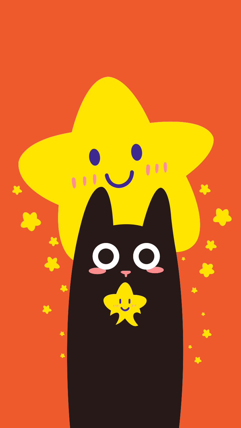 Niedliche schwarze Cartoon-Katze mit Sternen auf orangem Hintergrund.