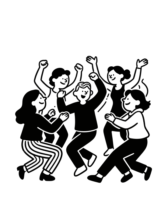 Seis personas bailando y celebrando con los brazos en alto.