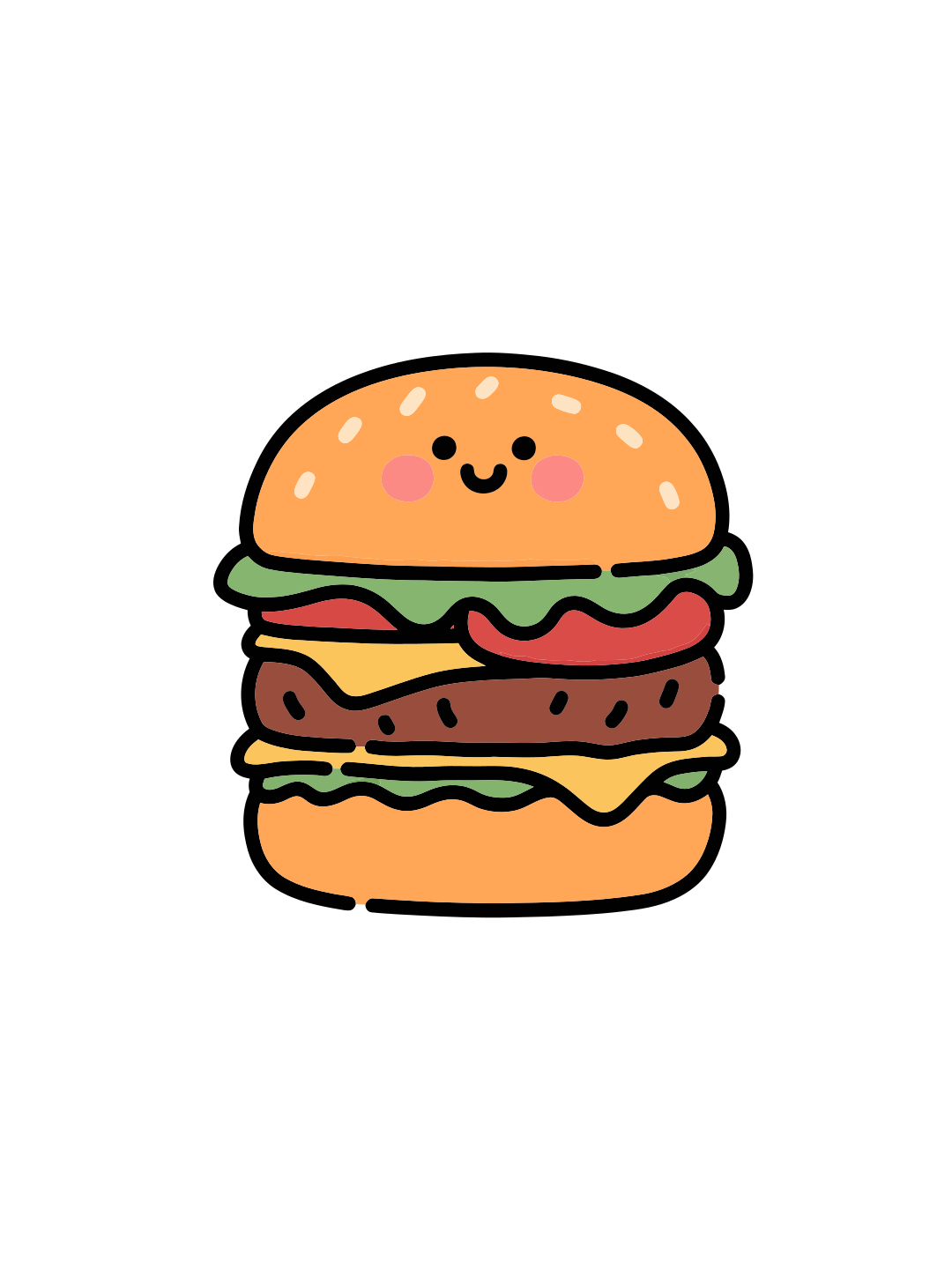 Un double cheeseburger cartoon mignon avec un visage joyeux.