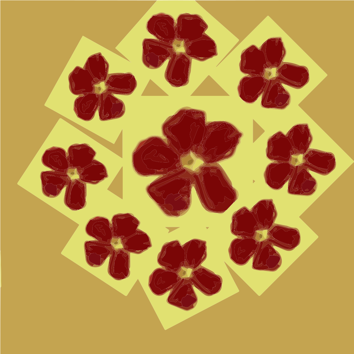 Red flowers on yellow squares arranged on a brown background
