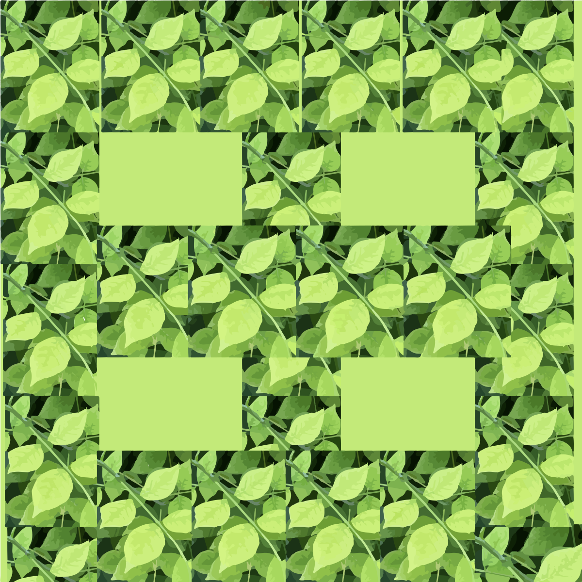 A pattern of green leaves with four light green rectangles