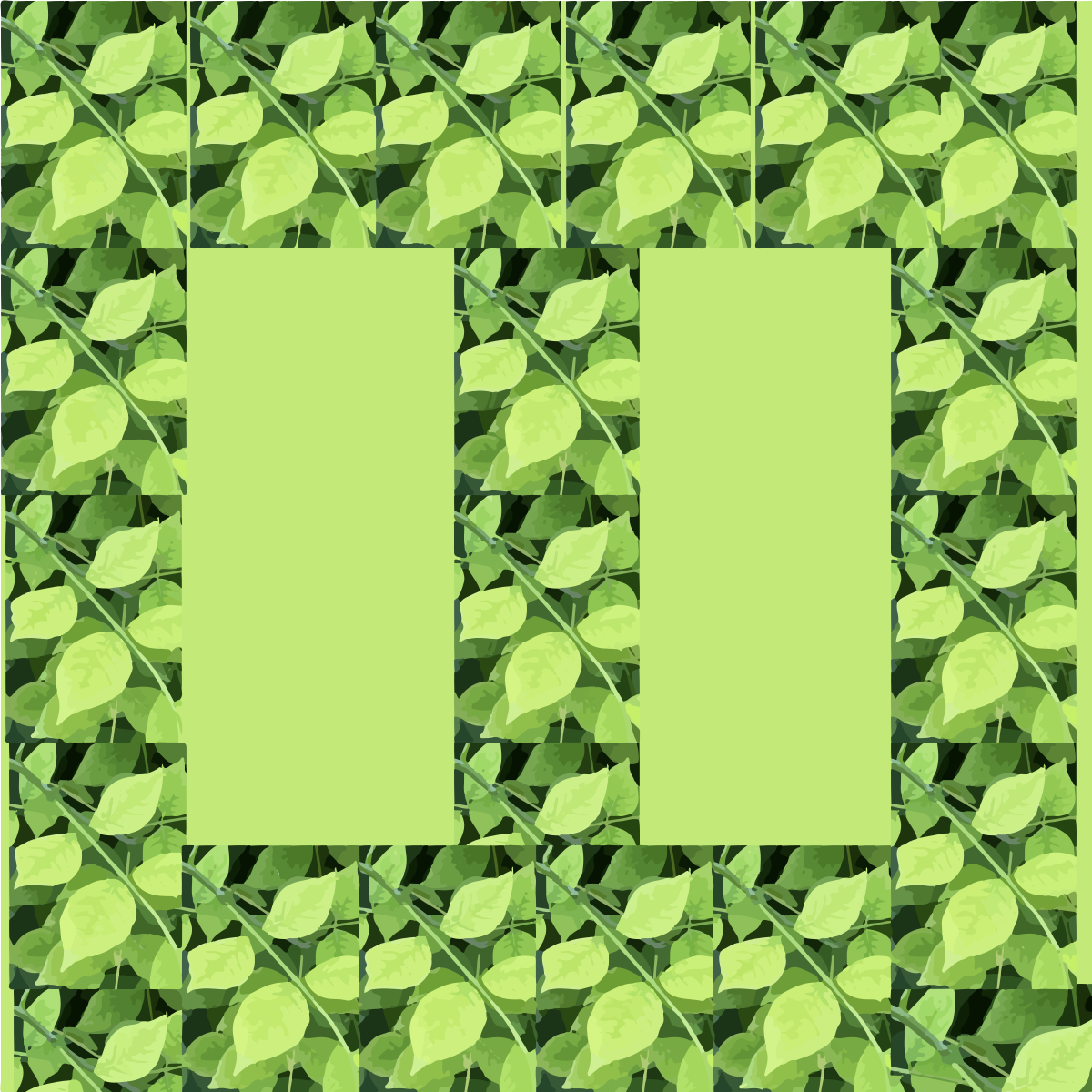Leafy green pattern frames two light green rectangles