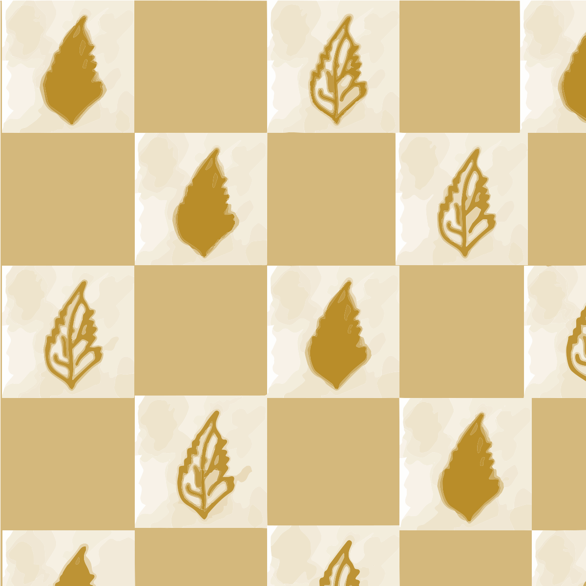 Motivi di foglie dorate su un tabellone a scacchi beige e marrone