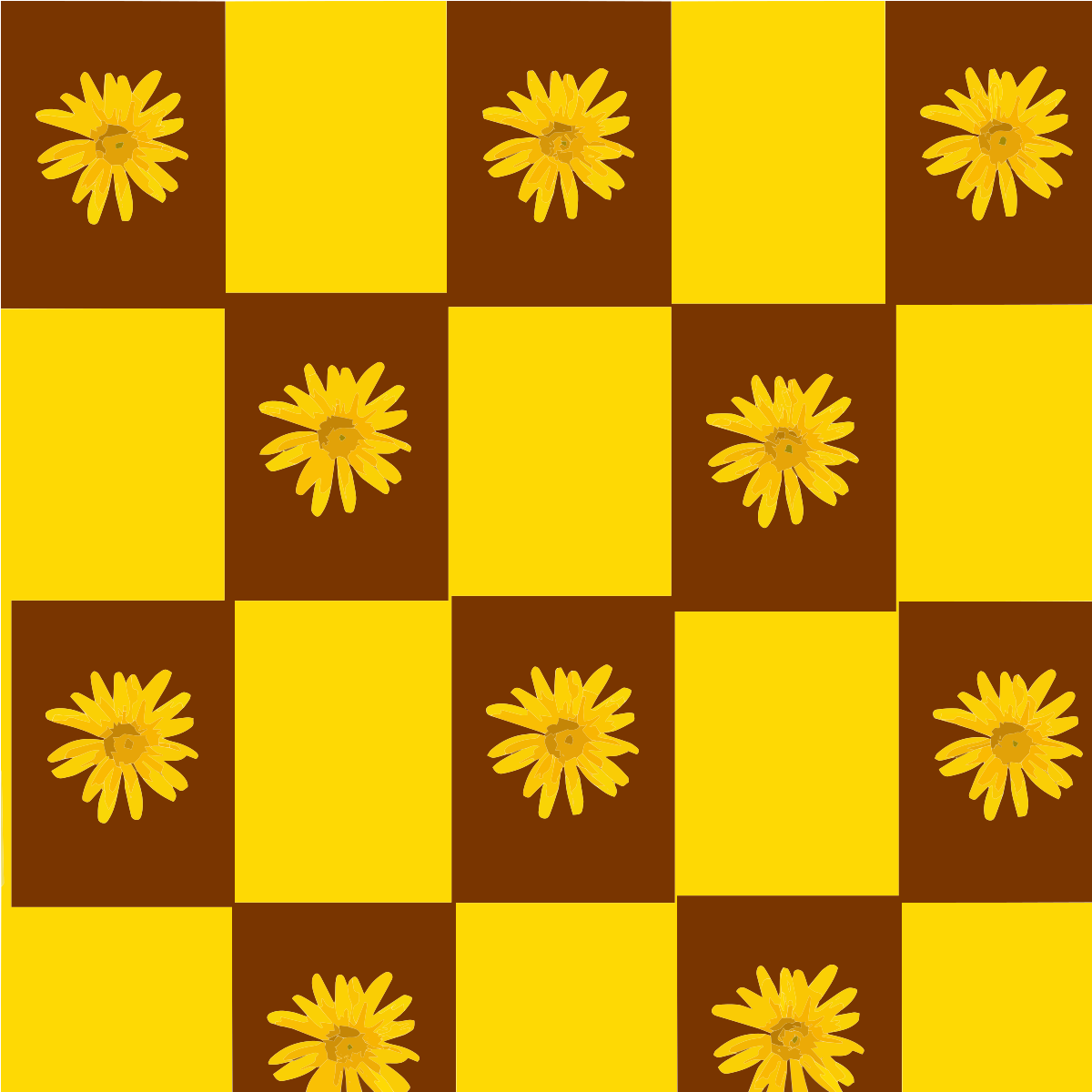 Fiori gialli su quadrati marroni a scacchiera.